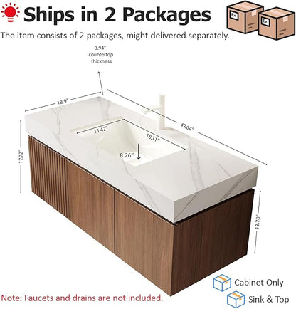 Ambrovina 48" Floating Bathroom Vanity with Sink, Modern Plywood Bathroom Storage Cabinet with Drawer and 2 Door, Carrara White Sintered Stone Countertop, White Ceramic Basin, Pre-Assembled, Dark Oak