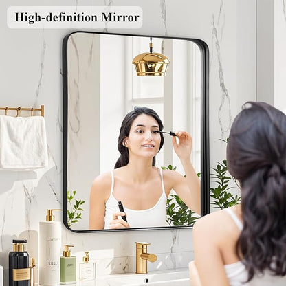 Fabuday Black Bathroom Vanity Mirror - 28x32 Inch Wall Mounted Mirror for Over Sink, Matte Metal Framed Mirrors, Rounded Rectangle Design, Horizontal or Vertical Hanging