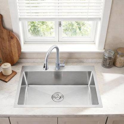 28x18 Inch Drop In Kitchen Sink, Topmount Stainless Steel Brushed Nickel Single Bowl Kitchen Sink, Extra-thick 16 Gauge Kitchen Sinks For RV Laundry Utility with Basket Strainer