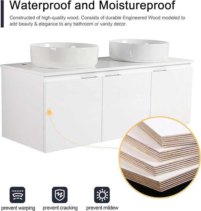 48 Inch Bathroom Vanity with Sink, 48" Floating Bathroom Vanity with Double Vessel Sinks, Modern Wall Mounted Cabinet Set, White Storage Cabinet with 3 Soft Close Doors and 2 White Ceramic Basin Sinks