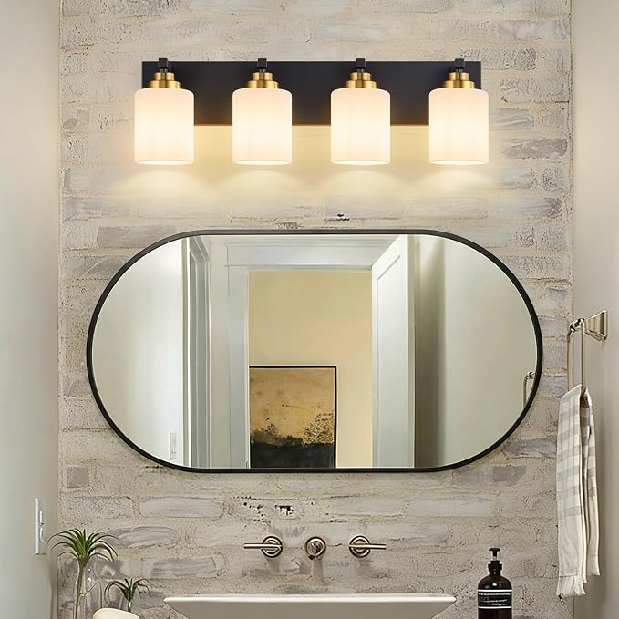 Vanity Lights for Bathroom, 4-Light Black and Gold Bathroom Vanity Light Over Mirror with Milky White Glass Shades, Modern Bathroom Light Fixtures for Living Room Hallway Cabinet (Bulbs Not Included)