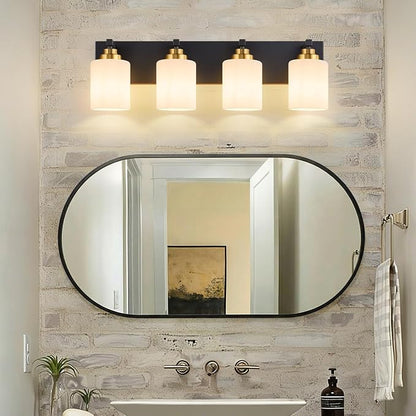 Vanity Lights for Bathroom, 4-Light Black and Gold Bathroom Vanity Light Over Mirror with Milky White Glass Shades, Modern Bathroom Light Fixtures for Living Room Hallway Cabinet (Bulbs Not Included)