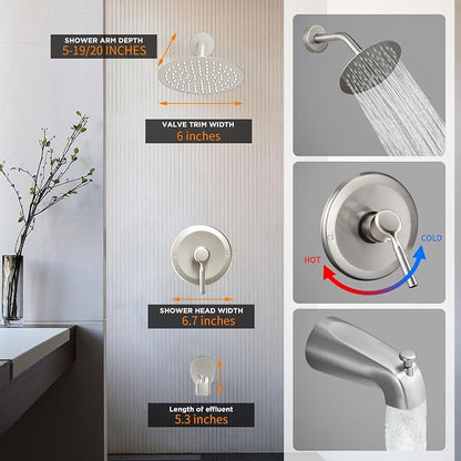 Tub Shower Faucet Set (Valve Included) with 6-Inch Rain Shower Head and Tub Spout Single-Handle Tub and Shower Trim Kit Brushed Nickel