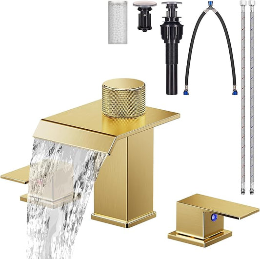 Brushed Gold Bathroom Faucet 3 Hole, 8 Inch Widespread Waterfall Bathroom Sink Faucet with Filter, Includes Metal Pop-Up Drain and Supply Hoses, Perfect for Vanity, Restroom, Sink, Rv
