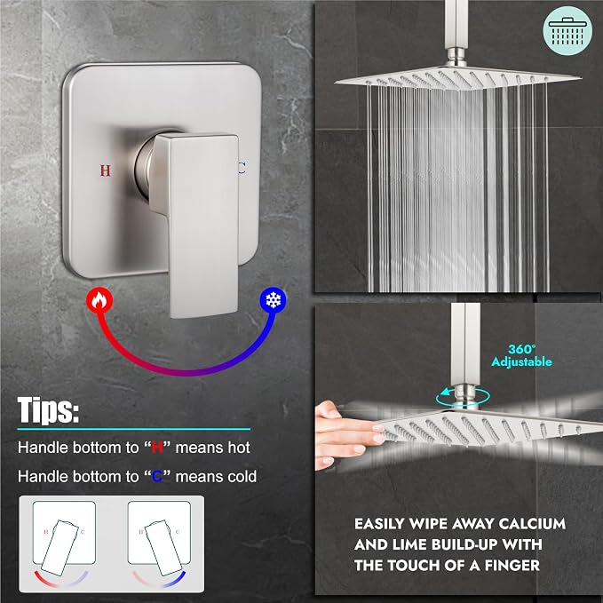 Heyalan 12-Inch Ceiling Mount Shower Faucet Set with Valve,Brushed Nickel | Rainfall shower head, ceiling-mount design, SUS304 steel, adjustable angle, single-handle control