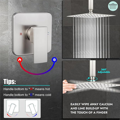 Heyalan 12-Inch Ceiling Mount Shower Faucet Set with Valve,Brushed Nickel | Rainfall shower head, ceiling-mount design, SUS304 steel, adjustable angle, single-handle control