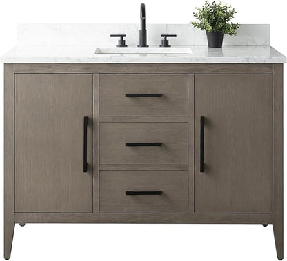 HomeBeyond 48 Inch Bathroom Vanity with Sink & Ceramic Top, Single Vanity Cabinet with Basin, Soft-Closing Doors & Matte Black Hardware, Driftwood Gray