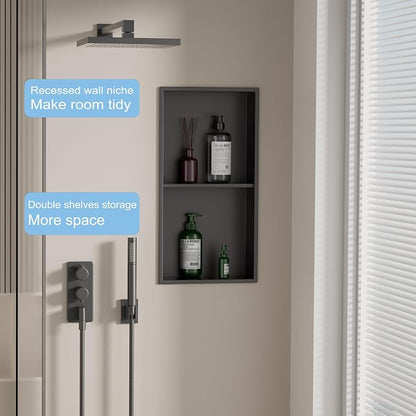 24 x 12 in Recessed Shower Niche with Double Shelves, Matte Black Stainless Steel Wall Insert, No Tile Needed, Leakproof Built-in Storage for Bathroom, Kitchen