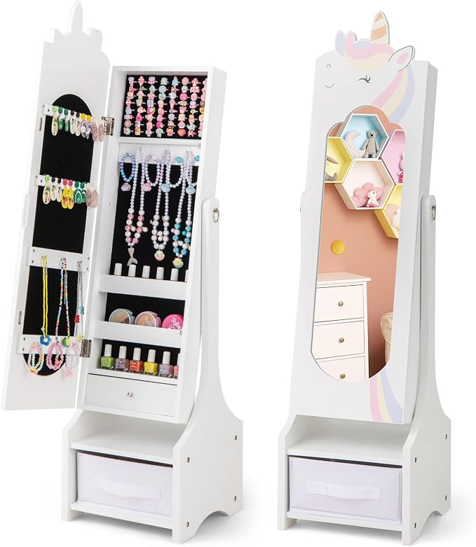 CHARMAID Kids Mirror Jewelry Cabinet - 45.5'' Full Length Mirror with Jewelry Storage, Standing Jewelry Armoire with Drawers, Kids Jewelry Organizer Box Vanity Dressing Mirror for Girls (White)
