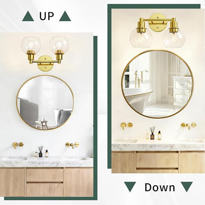 2 Light Bathroom Light Fixtures, Brushed Brass Bathroom Vanity Lights, Modern Vanity Lights 2-Light Globe Bathroom Vanity Lighting Fixture Over Mirror
