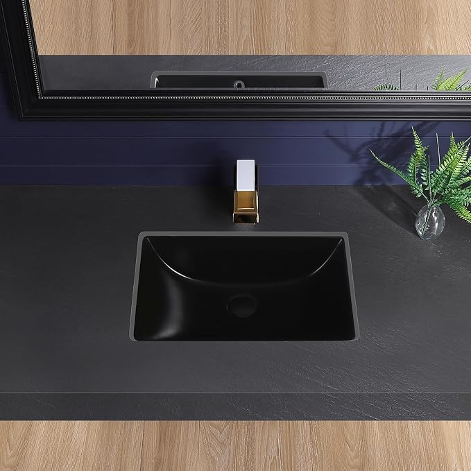 Undermount Bathroom Sink 20x15 Inch Small Bathroom Sink Black Porcelain Ceramic Bathroom Under Counter Lavatory Vanity Sink Basin Rectangular Undermount Sinks with Overflow