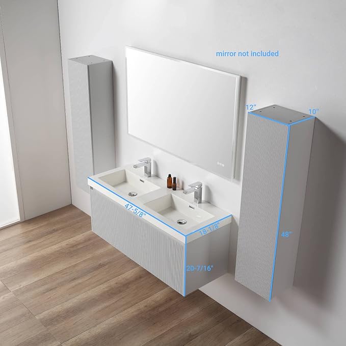 Blossom 48 Inch Double Sink Bathroom Vanity with Side Cabinets and Mirrors, All Wood Wall Mounted Floating Bathroom Vanity Cabinet with Acrylic Sink, Soft-Close Drawers, Bathroom Vanities, Light Grey