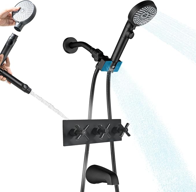 3 Handle Shower Faucet Set, Matte Black 3 Handle Tub and Shower Faucet Combo Bathtub Shower Faucets Completes