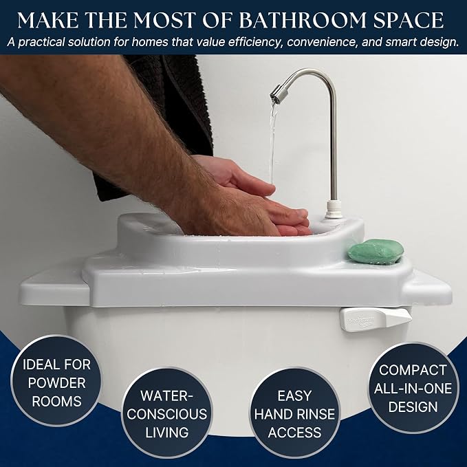 Sinkology SinkPositive GreenFlow Toilet Tank Sink, Water Saving Retrofit | Turns toilet tank lid into a handwashing sink, no plumbing needed, reuses rinse water, small bath saver