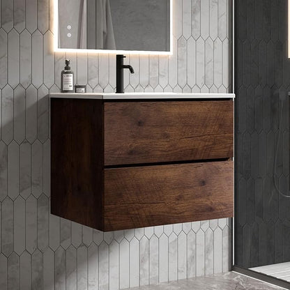 24" Bathroom Vanity with Sink, Modern Floating Vanity with Double Soft Closing Drawers, Large Storage for Small Space, Walnut, Fully Assembled - Iris Collection