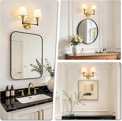 Black Gold Bathroom Light Fixtures: Farmhouse Bathroom Vanity Lights over Mirror with Flared Fabric Shade, Vanity Lighting Fixtures, 2 Light Wall Sconces Lighting for Bedroom Hallway Living Room