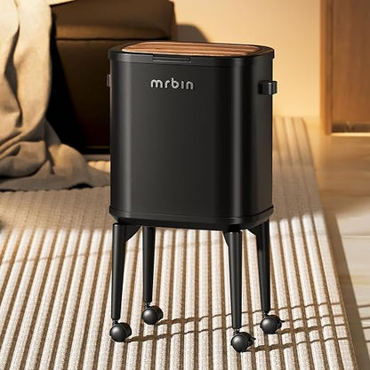 MRBIN Metal Slim Bathroom Trash Can with Legs and Wheels, 15L / 4gal Toilet Walnut Effect Press Lid Waste Basket, Covered Office Garbage Pail for Near Desk, Narrow Vanity, Rvs, Kitchen, Black