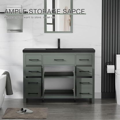 LUCKWIND 48" Modern Bathroom Vanity with Sink Combo, Contemporary Painted Storage Cabinet and Single Black Sink, Include Soft-Closing Doors & Matte Black Faucet, Green