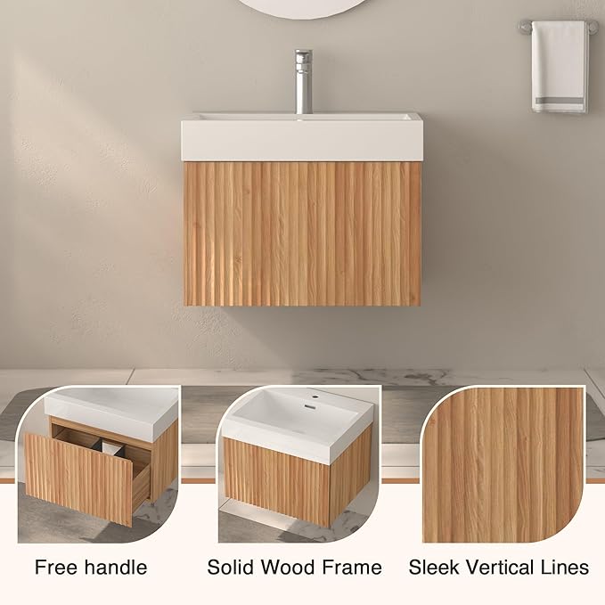 Floating Bathroom Vanity with Sink, Nature Soild Wood Cabinet with Ceramic Basin, Extra Large Storage Drawer & Pre-Assembled Vanities for Bathroom, Powder Room (Nature C Style, 24")