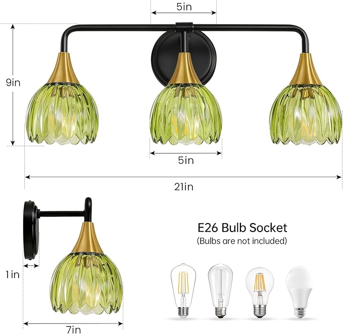 Bathroom Vanity Light Fixtures: 3-Lights Vintage Bathroom Lights Over Mirror with Ribbed Green Tulip Glass Shade - 22.4 inch Black and Gold Wall Sconce Bath Lighting
