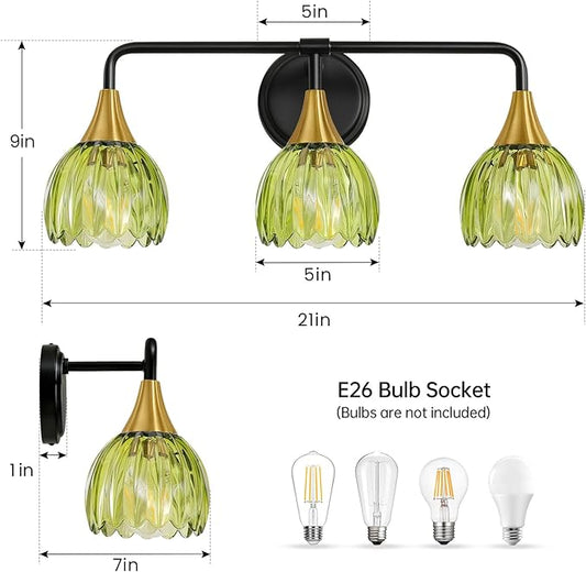 Bathroom Vanity Light Fixtures: 3-Lights Vintage Bathroom Lights Over Mirror with Ribbed Green Tulip Glass Shade - 22.4 inch Black and Gold Wall Sconce Bath Lighting