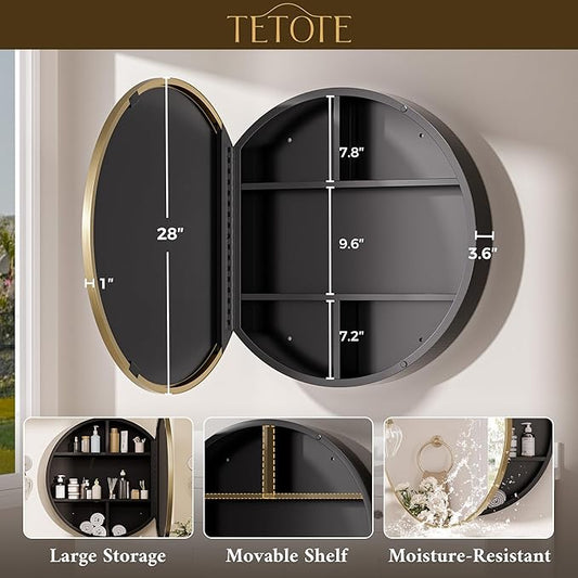 TETOTE Gold Medicine Cabinet with Mirror Round Medicine Cabinets Mirror for Bathroom 28 x 28 Adjustable Shelves Modern Bathroom Organizer with Shelves Wall Mounted