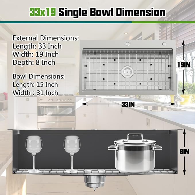 33x19In Drop-in Workstation Sink,Stainless Steel,Single Bowl | Modern Topmount Kitchen Sink Combo, Include Grid,Drying Rack,SS Colander,Cutting Board, Compatibility With Various Kitchen