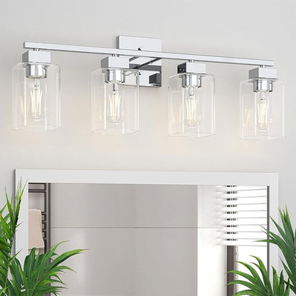 Espird 4 Light Bathroom Vanity Light - Chrome Bathroom Light Fixtures Square Design & UL Certification, 26 inch Square Bath Room Lights Over Mirror, Vanity Lighting Fixtures for Living Room & Bedroom