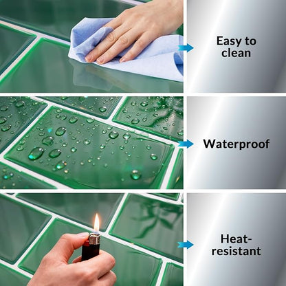 Joysticky 10-Sheet Peel and Stick Backsplash, 12" * 12" Laser Crystal Texture Stick on Tiles Backsplash for Kitchen & Bathroom，Thicker Design Peel and Stick Wall Tiles (Green)