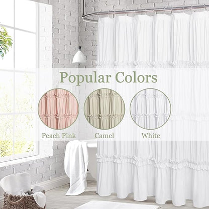 Farmhouse Ruffle Shower Curtain, White, 72 x 72 in | Decorative Elegant Bathroom Curtain with 12 Holes, Soft Ruched Microfiber Fabric, Vintage Handmade Design
