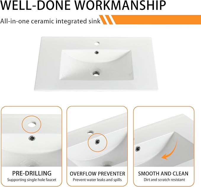 30 Inch Modern Bathroom Vanity with Soft Close Door and Ceramic Sink