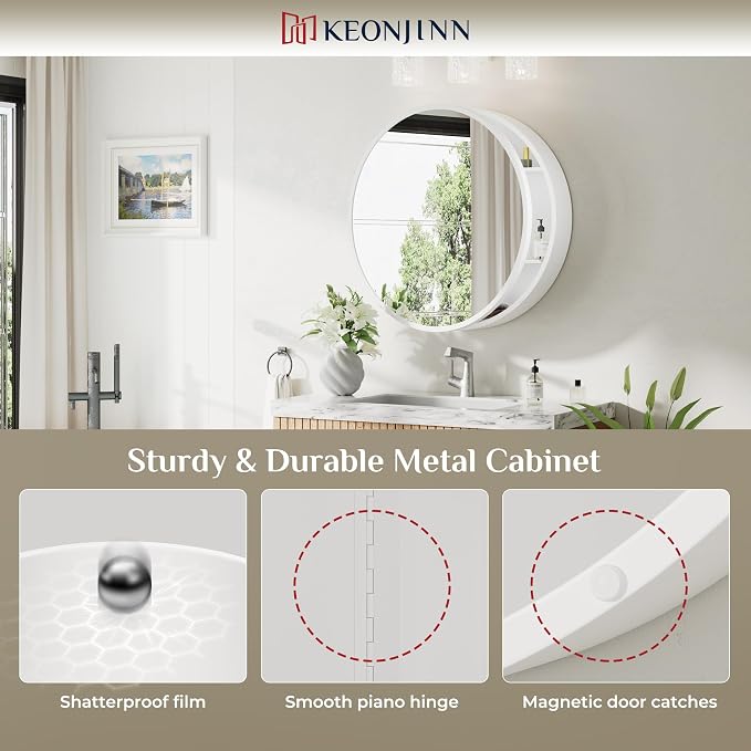 Keonjinn 24 Inch White Round Medicine Cabinet with Mirror, Rust Resistance | Circular Surface Mount Medicine Cabinets for Bathroom, Shatter-proof, Smooth Piano Hinge, Metal Frame, Magnetic Door Bumper
