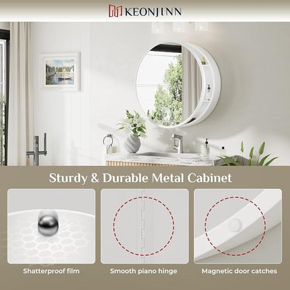 Keonjinn 24 Inch White Round Medicine Cabinet with Mirror, Rust Resistance | Circular Surface Mount Medicine Cabinets for Bathroom, Shatter-proof, Smooth Piano Hinge, Metal Frame, Magnetic Door Bumper