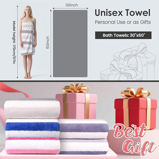 JML Bath Towels, Pack of 4, 30"x60", Large Microfiber Towel Set, Ultra Soft, Super Absorbent, Fast Drying, Perfect for Suana, Shower, Pool, Sport, Travel, Fitness, SPA,Yoga, Cabana Stripe Grey