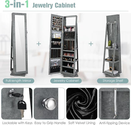LOKO 360° Rotating Jewelry Armoire, Freestanding Jewelry Cabinet with Inside Makeup Mirror, 2-in-1 Lockable Jewelry Organizer w/Full-Length Mirror for Women (Stone Gray)