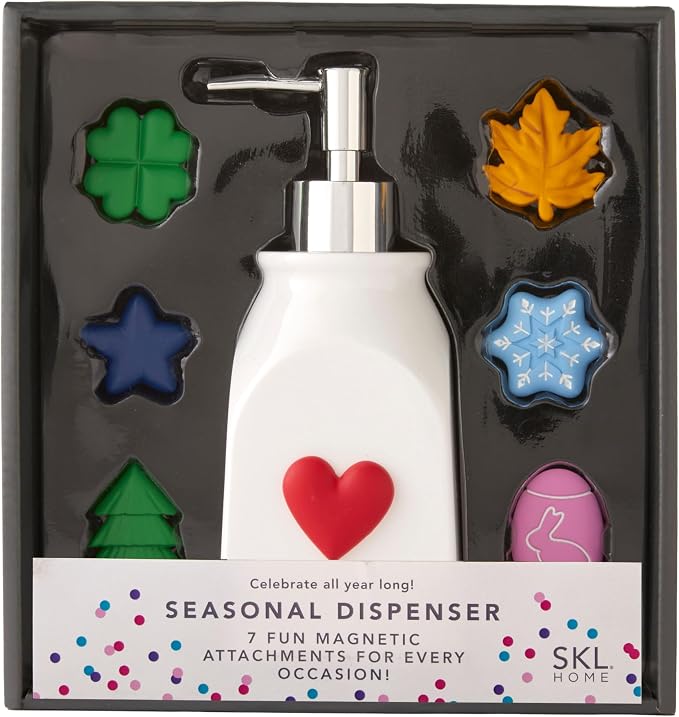 SKL Home Seasonal Soap/Lotion Dispenser Set with 7 Holiday Magnets, Silver | Interchangeable designs to celebrate all year! Gift-ready & great for the bathroom, kitchen, bar or any sink space.