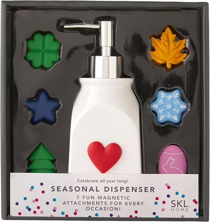SKL Home Seasonal Soap/Lotion Dispenser Set with 7 Holiday Magnets, Silver | Interchangeable designs to celebrate all year! Gift-ready & great for the bathroom, kitchen, bar or any sink space.