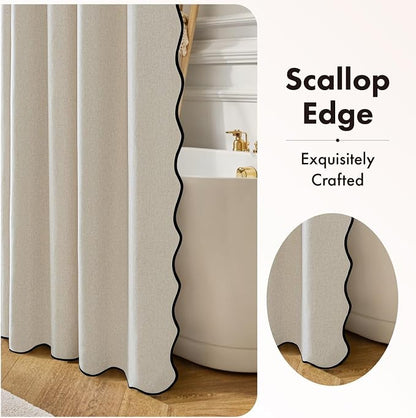 ANRODUO Cream Beige Scalloped Linen Textured Shower Curtain, W72 x L90 | Boho Farmhouse Shower Curtain with 12 Metal Hooks, Machine Washable Waterproof Heavy Duty Fabric for Bathroom Bathtub