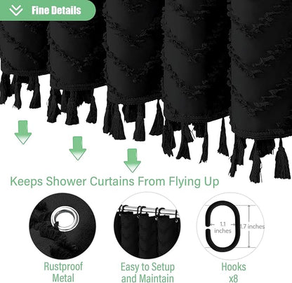 Stall Boho Farmhouse Shower Curtain Tufted Chevron 48"x64" Black | 48"W x 64"L, Elegant Tassel, Lightweight Textured Fabric, Water Repellent, Washable, for Narrow Bathroom/Dorm 8 Hooks