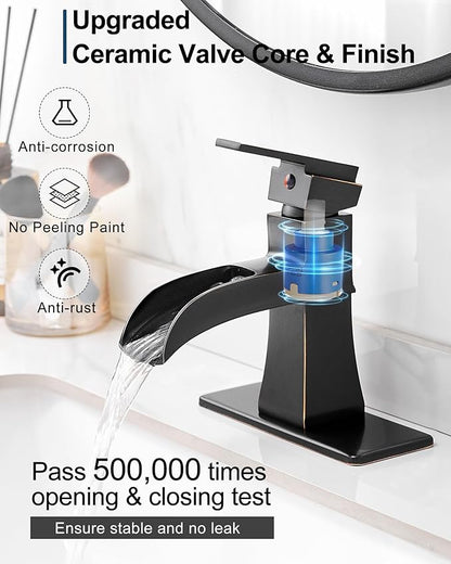 Brass Bathroom Waterfall Faucet, Oil Rubbed Bronze Bathroom Faucet 1 Hole or 3 Holes (4 Inch), Single Handle with Deck Plate, Pop-Up Drain & Water Hoses for RV Vanity Farmhouse, 5 Mins Install