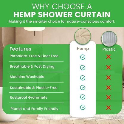 Bean Products Natural Hemp Bathtub Shower Curtain Liner - 70x74 | Non Toxic, Eco Friendly, Mildew Resistant Cloth Shower Cutain Liner - Washable, Quick Dry, Breathable, Odor Free, No Plastic