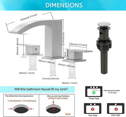 Waterfall Bathroom Faucets Brushed Nickel, 3 Hole Bathroom Sink Faucet, 8 inch Widespread Bathroom Sink Faucet with Pop Up Drain, 2 Handles Modern Vanity Faucet with Supply Lines