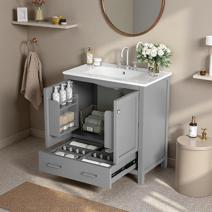 30" Freestanding Bathroom Vanity with Sink, Floor Stand Bathroom Storage Cabinet with Ceramic Sink, Doors with Double-Layered Storage Shelves, Modern Compact Vanity with Divided Drawer, Gray