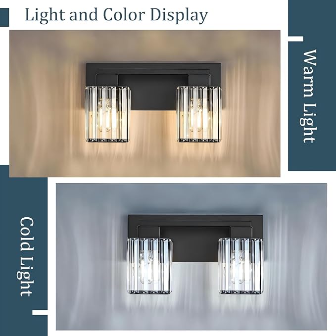 2-Light Black Crystal Vanity Light Bathroom Lighting Fixtures Over Mirror | Wall Sconces with Square Crystal Shades, E26 Socket, Modern Vanity Lights for Bathroom (Bulbs Not Included)