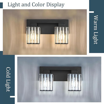 2-Light Black Crystal Vanity Light Bathroom Lighting Fixtures Over Mirror | Wall Sconces with Square Crystal Shades, E26 Socket, Modern Vanity Lights for Bathroom (Bulbs Not Included)