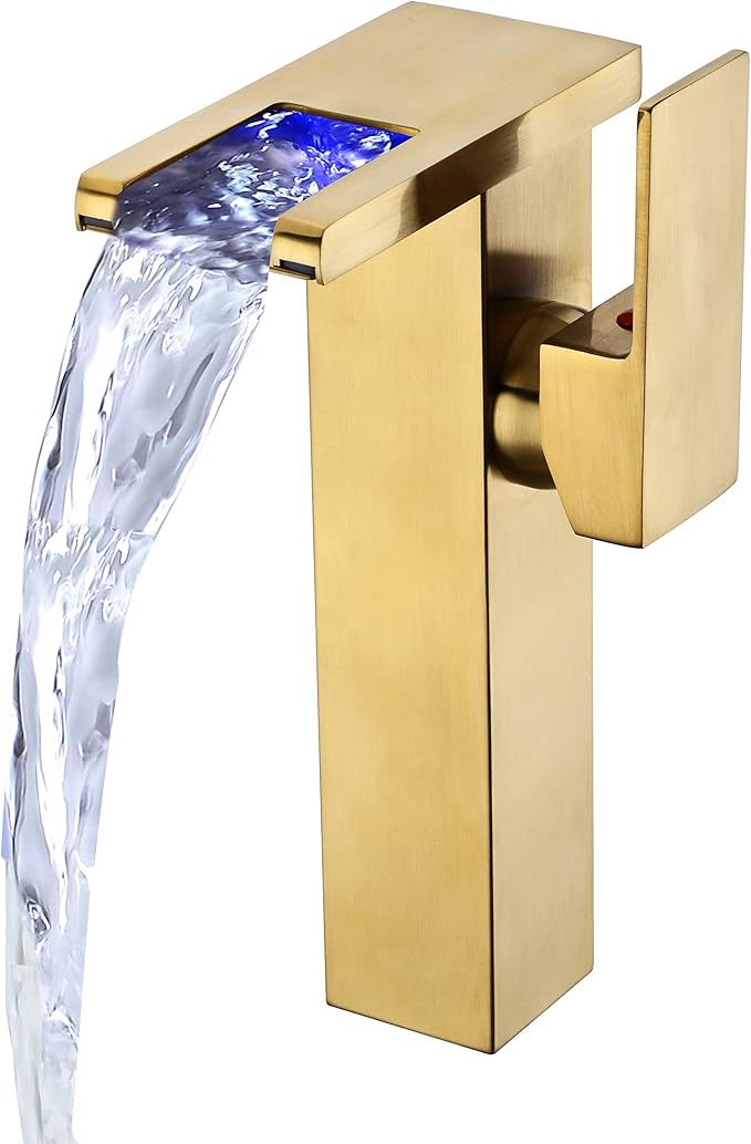 LED Waterfall Bathroom Sink Faucet, 3 Colors Spout Faucet with Water Supply Hose, Single Handle Single Hole Slanted Body Brass Mixer Vanity Sink Tap Brushed Gold