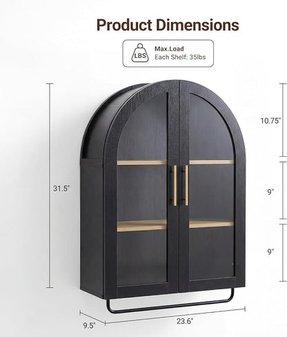 Seang Bathroom Arched Wall Cabinet,Modern Medicine Cabinet with Towel Bar and Adjustable Shelf,Over The Toilet Wall Storage Cabinet,Black