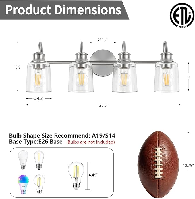 4 Lights Bathroom Light Fixtures Brushed Nickel Vanity Lights | ETL Certificate, Easy to Install,Wall Mount Up or Down,Thickened Glass Lampshade,E26 Socket,Hardwired