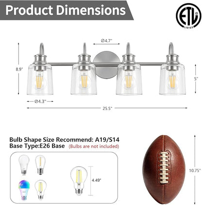 4 Lights Bathroom Light Fixtures Brushed Nickel Vanity Lights | ETL Certificate, Easy to Install,Wall Mount Up or Down,Thickened Glass Lampshade,E26 Socket,Hardwired