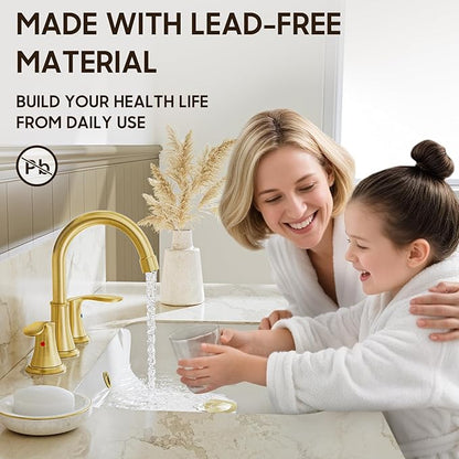 Phiestina Brushed Gold Widespread 8 Inch 3 Holes Bathroom Faucet，2 Handles Modern Bathroom Sink Faucet with Metal Pop-Up Drain & Water Supply Line, WFTY36-BG